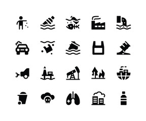 Simple Set of Pollution Related Vector Glyph Icons. Contains such Icons as litter, bottle, factory, drainage, garbage and More. pixel perfect vector icons based on 32px grid. Well Organized 