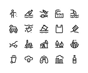 Simple Set of Pollution Related Vector Line Icons. Contains such Icons litter, bottle, factory, drainage, garbage and More. pixel perfect vector icons based on 32px grid. Editable Strokes