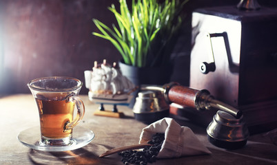 Brewing tea on a wooden table