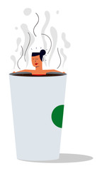 Woman taking bath and relaxing in coffee paper cup. Coffee Drinking Concept. Monday Coffee. Bathing in Coffee