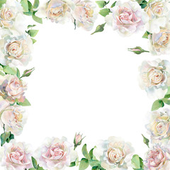 Obraz na płótnie Canvas Square frame of watercolor roses on a white background. For weddings, greetings, invitations and birthday