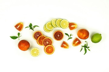 Red blood orange and lime fruits slices set isolated on white background. flat lay. top view. copy...