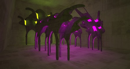 Abstract  Concrete Futuristic Sci-Fi Gothic interior With Yellow And Violet Glowing Neon Tubes . 3D illustration and rendering.