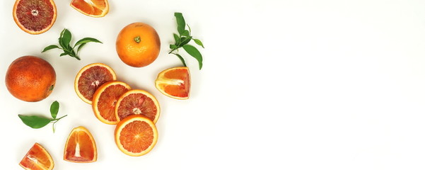 Red blood orange fruit slices set isolated on white background. flat lay. top view. copy space