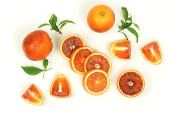 Red blood orange fruit slices set isolated on white background. flat lay. top view. copy space