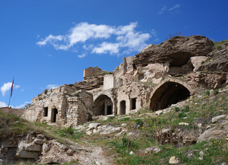 Ruins of an abandoned old houses on the top of Avanos hill. Turkey, Cappadocia