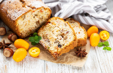 traditional homemade stollen with dried fruits and nuts