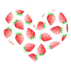 watercolor set with strawberries in a circle, strawberries in a heart