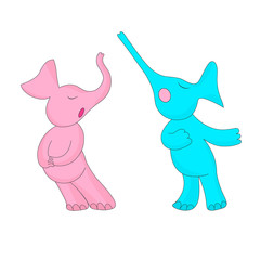 Two singing elephants, male and female. Vector drawn image.