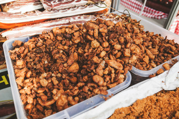 Deep fried crispy pork on gastronomy fair