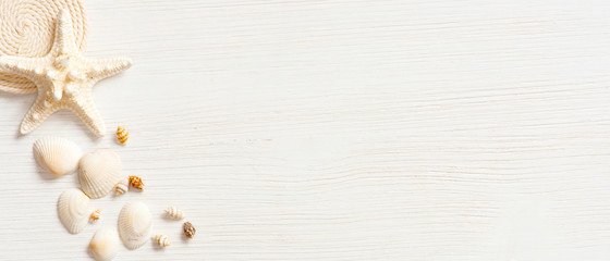 White textured wooden surface decorated with sea shells
