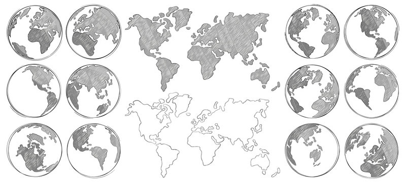 Sketch map. Hand drawn earth globe, drawing world maps and globes sketches isolated vector illustration