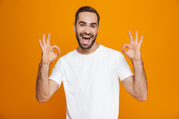 Image of joyful guy 30s with beard and mustache showing ok sign while standing, isolated over...
