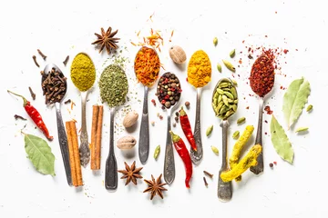 Rolgordijnen Set of various spices in spoons on white © nadianb