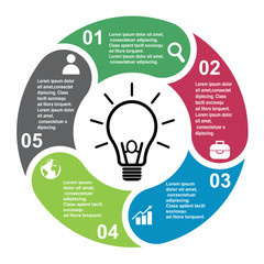 5 steps vector element in five colors with labels, infographic diagram. Business concept of 5 steps or options with bulb