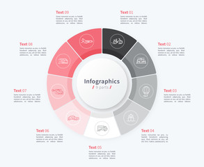 Stylish pie chart circle infographic template. 9 parts. 