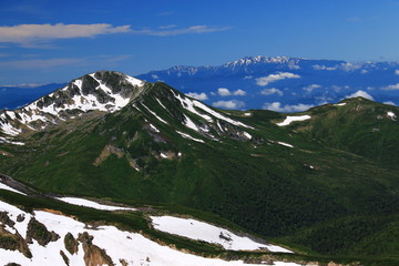 北アルプス　水晶岳山頂への道　黒部五郎岳と霊峰白山