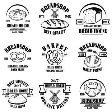 Set of bakery, bread shop emblems. Design element for logo, label, sign, banner, poster.