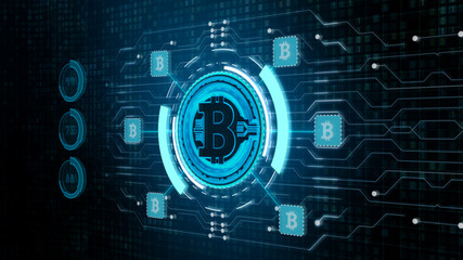 Bitcoin currency sign in digital cyberspace, Business and Technology Network Concept.