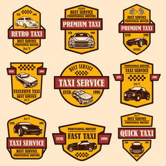 Set of taxi service emblems. Design element for logo, label, sign, poster, card.