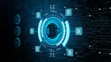 Fototapeta premium Bitcoin currency sign in digital cyberspace, Business and Technology Network Concept.