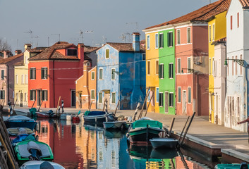 Naklejka na ściany i meble Burano, an island in the Venetian Lagoon, Venice, Veneto, northern Italy. Located at the northern end of the Lagoon, known for its lace work and brightly coloured homes.