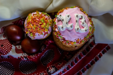 Easter homemade bread and painted eggs for holiday
