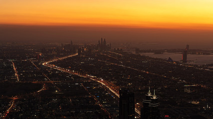 Bird view of Dubai skyline at magic hour
