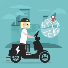 Foto op Plexiglas Young character riding an electric scooter and using a navigational app. Map and geo tag on city background.Flat cartoon design.Clip art © Vlad
