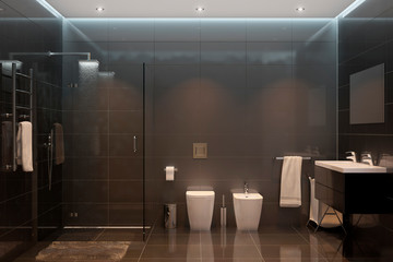 3d illustration. Black modern shower room in the evening