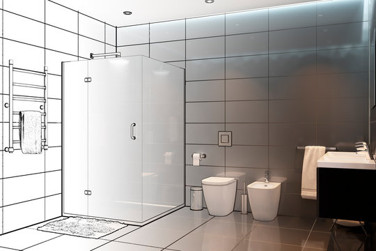 3d illustration. Sketch of the modern shower room