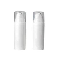 Two white cosmetic cream bottles with dispenser on white background isolated closeup, face cream bottle with transparent caps set, blank label design template, face or body skin care toiletries mockup