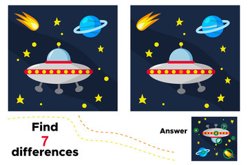 Cartoon aliens UFO. Educational game for children. Find 7 differences. Space theme. Vector illustration.