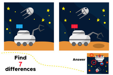 Cartoon moon loader, satellite and stars. Educational game for children. Find 7 differences. Space theme. Vector illustration.