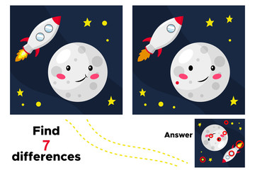 Cute cartoon moon. Educational game for children. Find 7 differences. Space theme. Vector illustration.