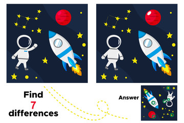 Cute cartoon astronaut, rocket and Mars. Educational game for children. Find 7 differences. Space theme. Vector illustration.