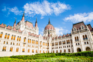 Obraz premium Gothic facade of Parliament in Budapest, Hungary. Bright summer day. 