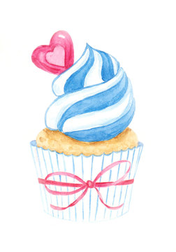 Watercolor cupcake isolated on white background.