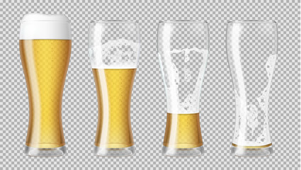 Tall realistic glasses with lager beer and foam