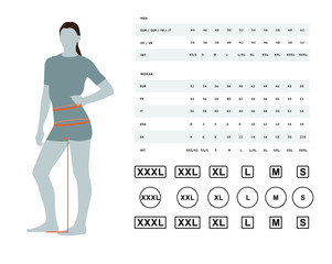 Measurements for clothing. Vector illustration of the dimensions of the female waist and hips. Size chart for women. Model template with international sizes can be used for female linen, clothes