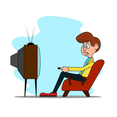 Cartoon funny man watching tv.