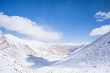 A view of snow mountain on the way from Leh to Pangong lake in Ladakh.