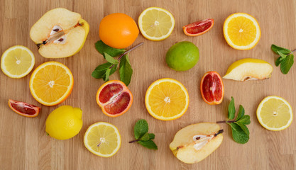 Mix citrus fresh fruit on the wooden table