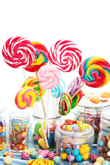 candies with jelly and sugar. colorful array of different childs sweets and treats.