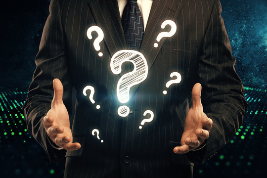 Double exposure of man hands with question marks. Consept of asking and searching information. - Powered by Adobe