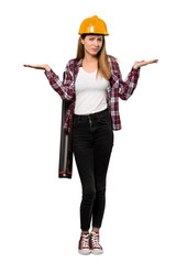 A full-length shot of a Architect woman having doubts while raising hands over isolated white background