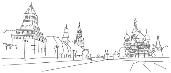 Random sketch of red square and st.basil Cathedral. Black and white line-art. Moscow