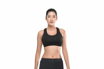 Fototapeta na wymiar Portrait of fitness woman in black sportswear isolated on white background with clipping path.
