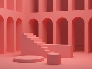 Minimal Scene with arches and empty podium all in coral color. Scene with geometrical forms, coral pink arches background, platform and stairs with and others cylindrical podiums. 3D render