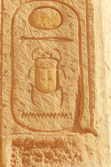 Scarab hieroglyph carving on the wall in the Temple of Queen Hatshepsut in Luxor, Egypt